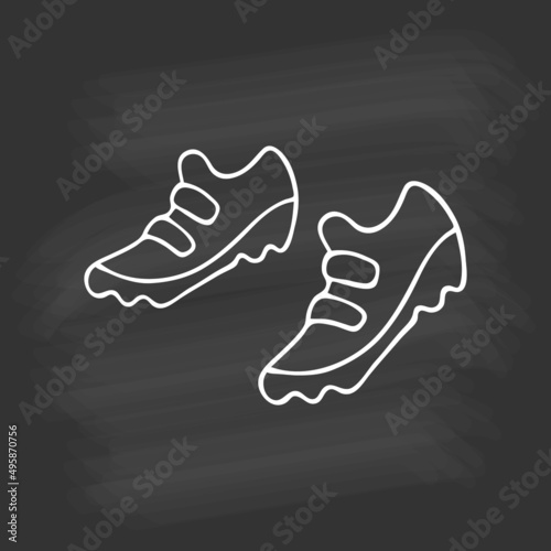 Hand drawn sports sneakers on chalkboard. White outline on black background. Cute element in doodle style for card, social media banner, sticker, decoration kids playroom. Vector illustration