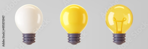 3d light bulb icon set isolated on gray background. Render cartoon style minimal yellow, white, transparent glass light bulb. Creativity idea, business success, strategy concept. 3d realistic vector.