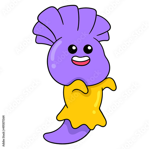 cute monster with funny face is playing ghost, doodle icon image kawaii