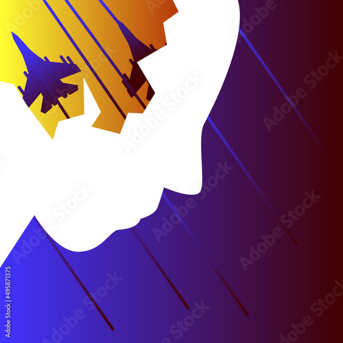 Poster design calling to help Ukraine and pray for Ukraine. Image of a broken man of ukraine due to a russian beaver driver against the background of the ukrainian flag