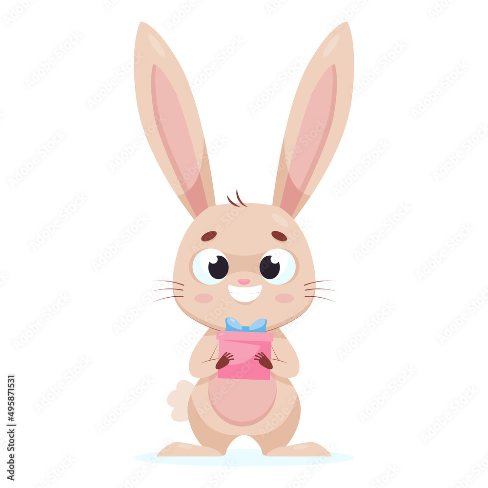 Bunny with gift box cartoon vector illustration. Happy rabbit holding present for birthday party, smiling and standing on white background Wildlife animal, celebration concept Bunny with gift box cartoon vector illustration. Happy rabbit holding present for birthday party, smiling and standing on white background Wildlife animal, celebration concept