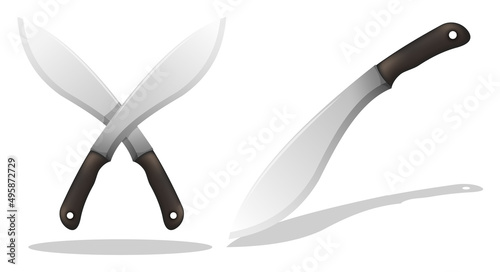 Realistic sharp knife machete. Melee weapon of hunter in jungle. Crossed machetes, symbol of pirates and robbers. Vector isolated on white background photo