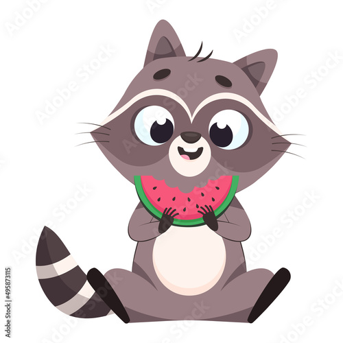 Happy racoon eating watermelon cartoon vector illustration. Adorable mammal sitting and holding watermelon slice, smiling, enjoying meal. Wildlife animal, food, summer concept