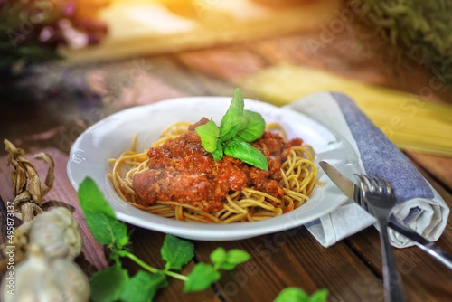 Fotografie delicious Italian dish, spaghetti bolognese deliciously served