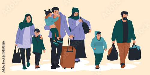 Refugees. Woman with a child. A man with a child in his arms. Pregnant. Family. People are being evacuated from the war zone. Vector image.