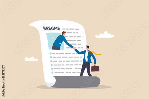 Success candidate get new job with best resume, human resources hiring or making contract with new joiner, apply for new job concept, businessman get out of resume picture handshake with employer.