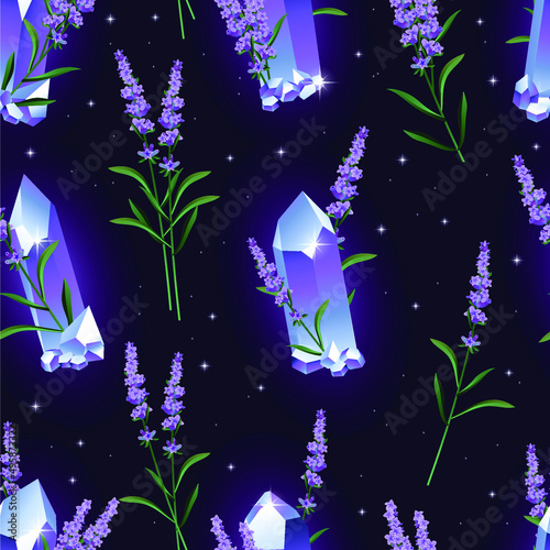 Seamless pattern with magic crystals of stones and lavender. Trendy texture for print, textile, packaging.
