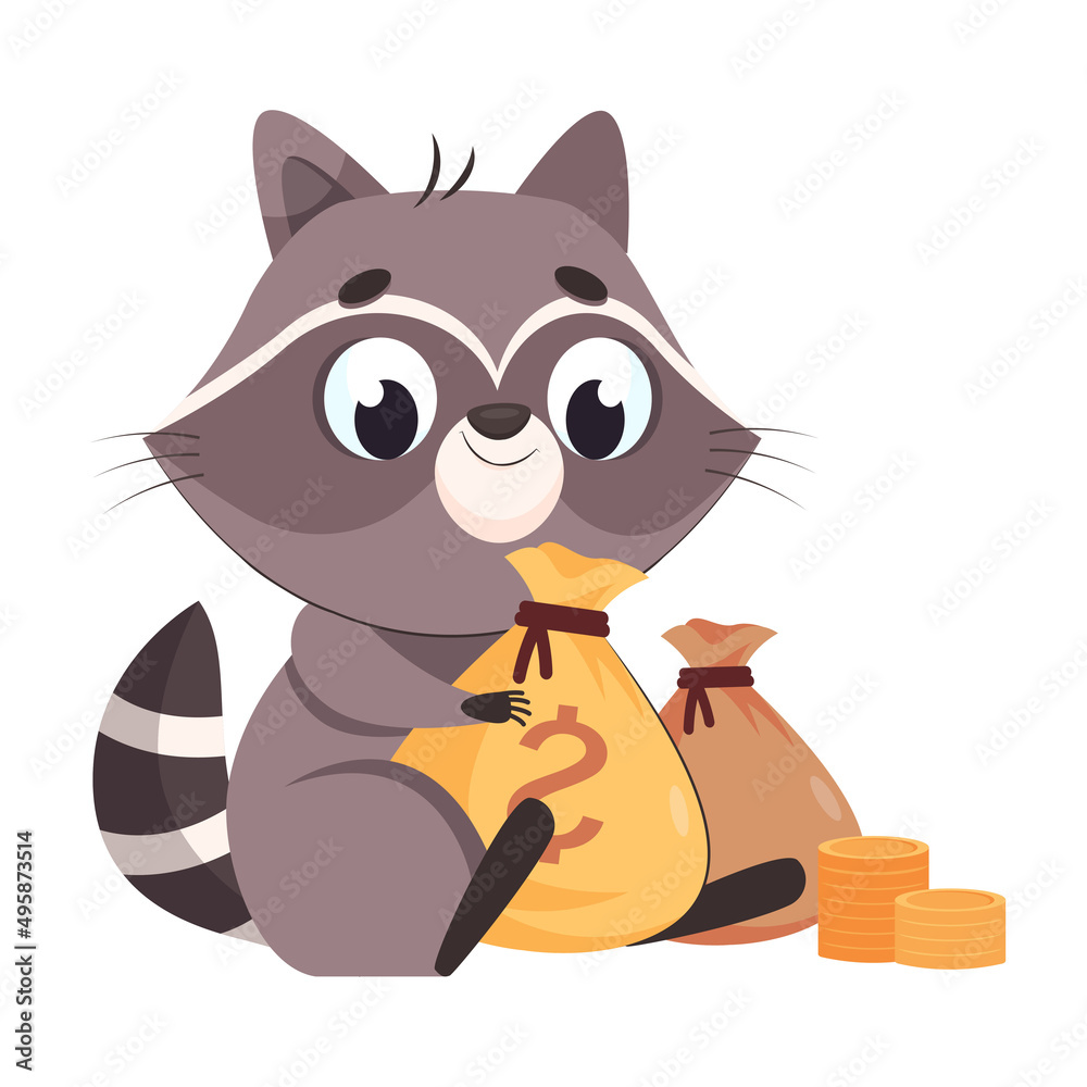 Fototapeta premium Happy racoon with money bags cartoon vector illustration. Adorable furry mammal sitting and looking on gold coins or stack of money. Wildlife animal, wealth concept
