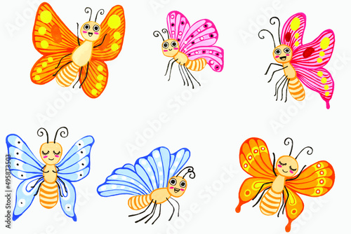 Cute Butterfly  cartoon water color hand drawn collection