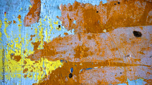 Distressed Yellow Brown Old Brick Wall With Graffiti Street Art. Background And Painted Lines And Draw. Abstract Grunge Modern Grafitty Wallpaper. Abstract Plastered Wall Web Banner. Design Element. 