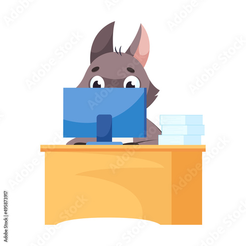 Wolf working on computer cartoon vector illustration. Adorable focused mammal sitting at table, looking at computer screen. Wildlife animal, predator, job concept
