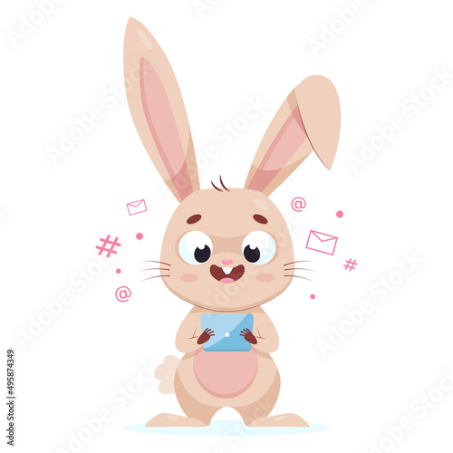 Rabbit looking at phone screen cartoon vector illustration. Happy rodent chatting with friends, using internet and social media. Wildlife animal, friendship, technology concept