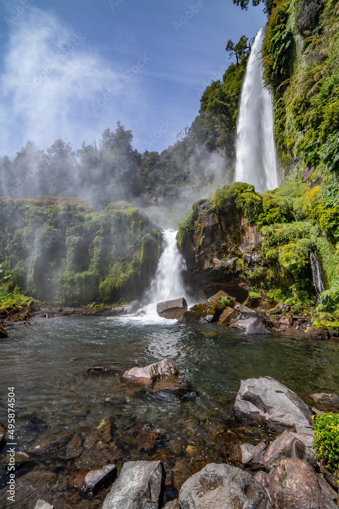 Fototapeta premium Patagonia el chalten secret waterfall in los glaciares national park argentina. mount fitz roy in the background