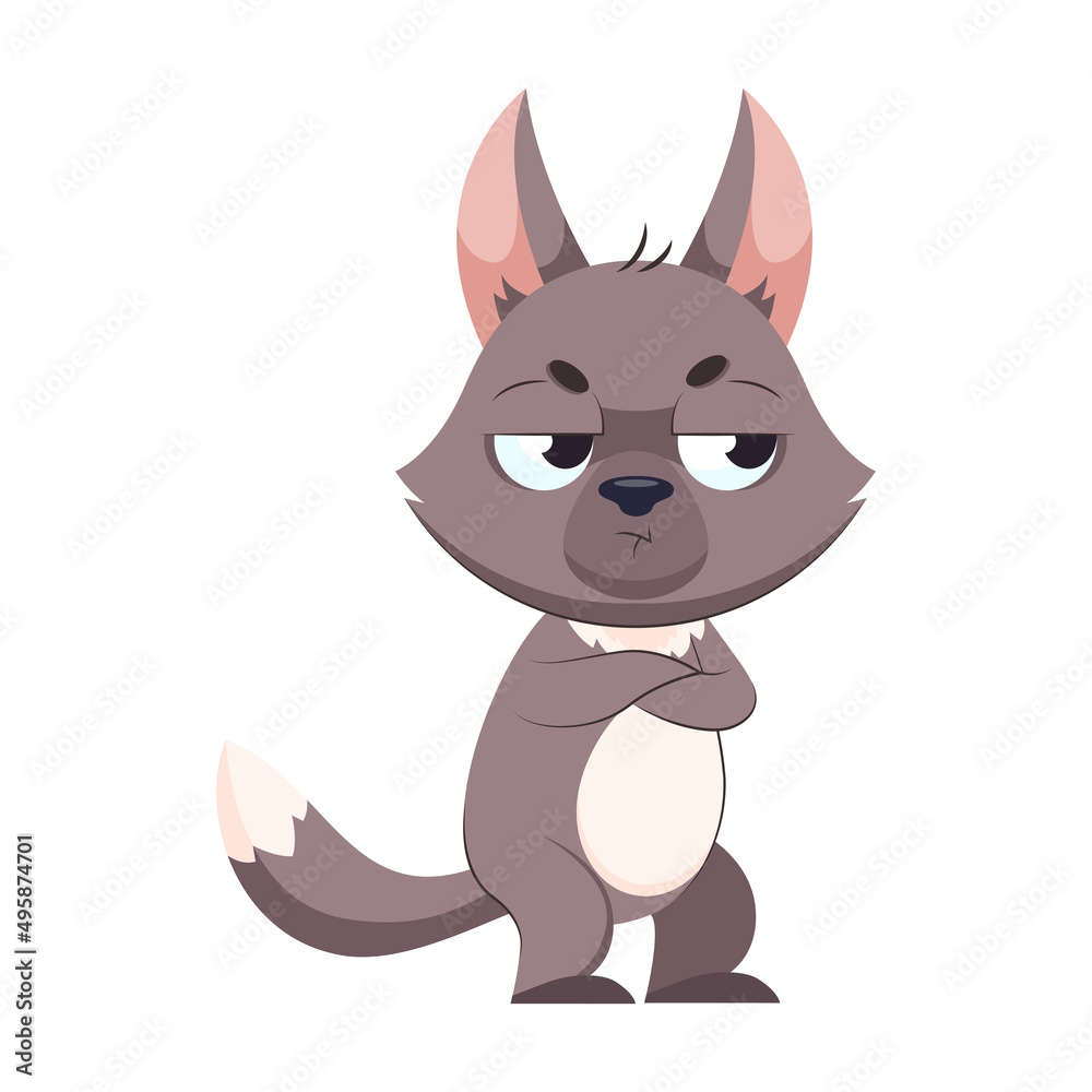Offended wolf with his arms crossed over his chest. Sad gray mammal standing on white background cartoon vector illustration. Wildlife animal, predator, behavior concept Offended wolf with his arms crossed over his chest. Sad gray mammal standing on white background cartoon vector illustration. Wildlife animal, predator, behavior concept