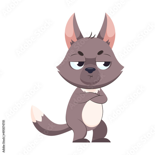 Offended wolf with his arms crossed over his chest. Sad gray mammal standing on white background cartoon vector illustration. Wildlife animal  predator  behavior concept