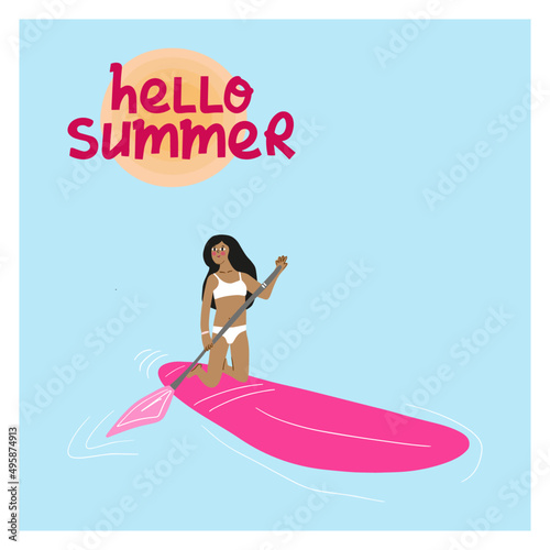 Beautiful SUP Surfing girl on the beach. Hand drawn illustration.
