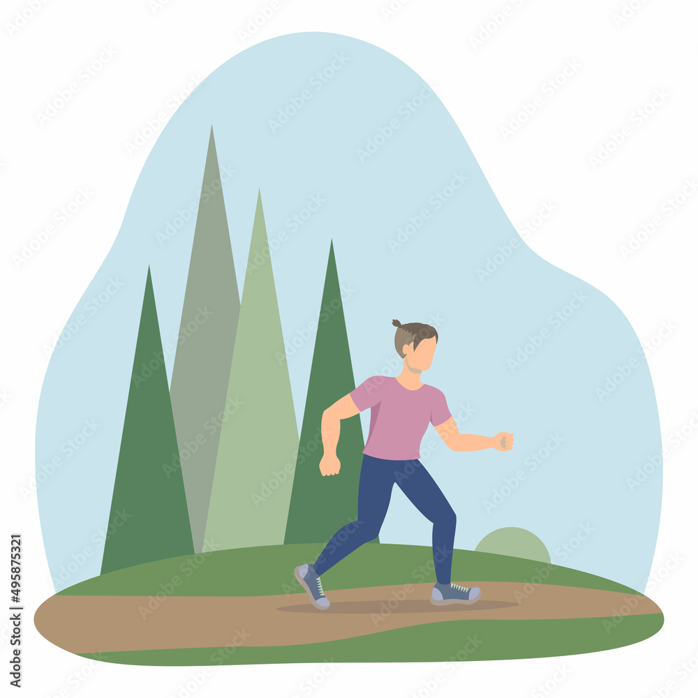 A young guy runs through the woods. vector illustration
