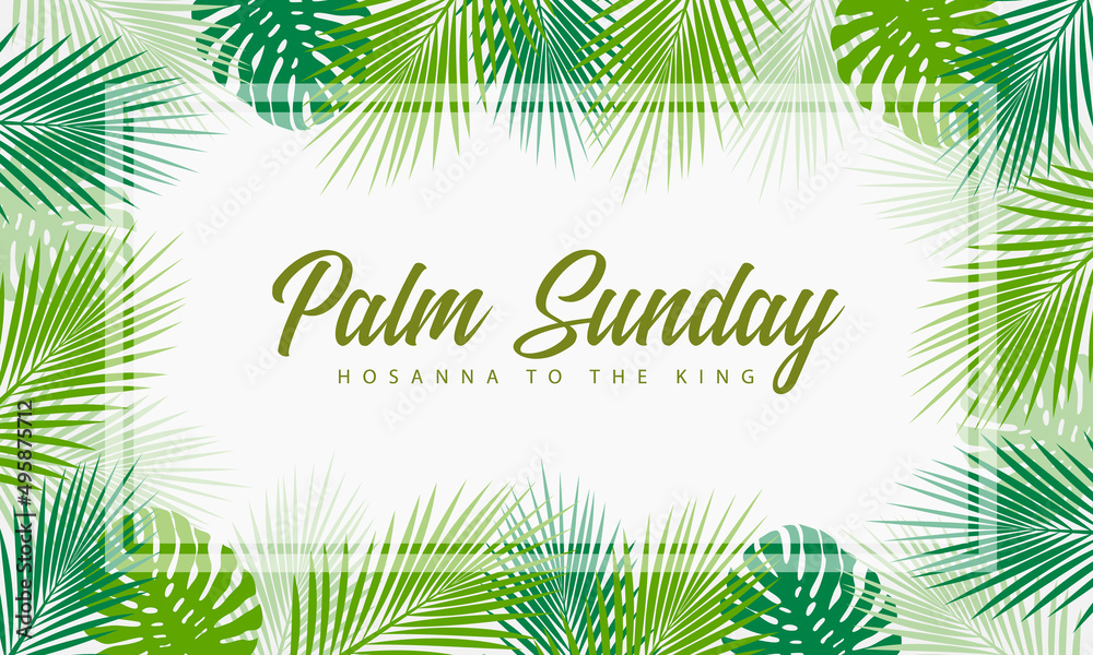 Palm sunday, hosana to the king text in green plam leaves and monstera ...