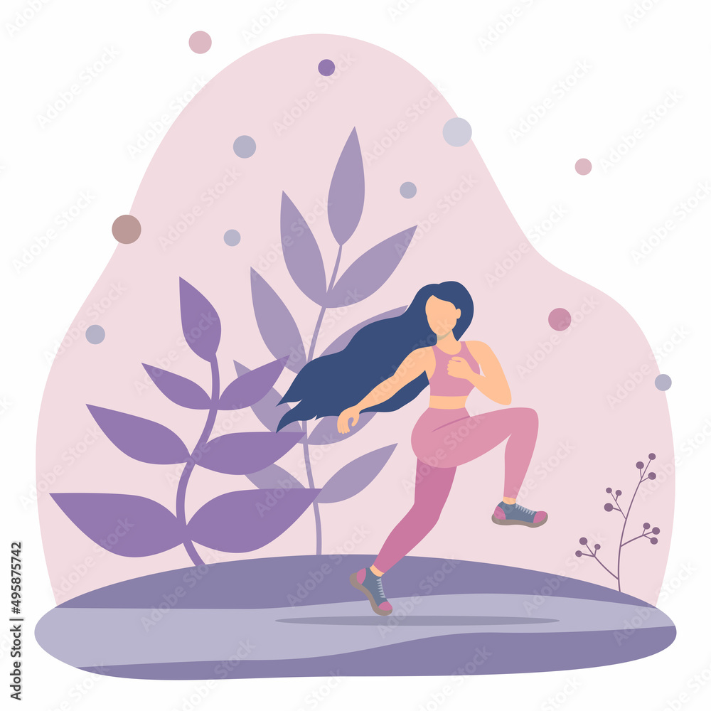 A young girl runs through the woods. vector illustration