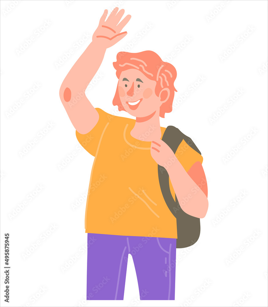 Happy schoolboy smiling waving hands, flat vector illustration isolated on white. Cheerful little boy with backpack with greeting hand gesture.
