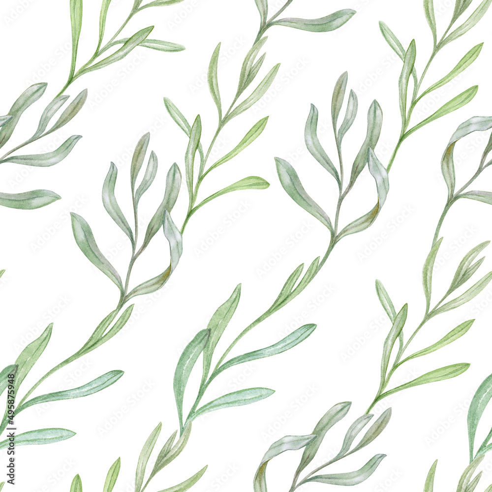 Pattern with delicate green leaves, watercolor illustration