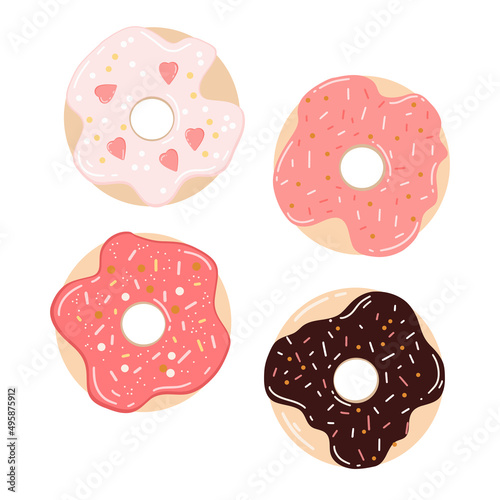 Donuts set, hand drawn, vector illustration. Set of chocolate and vanilla sweets doughnuts.
