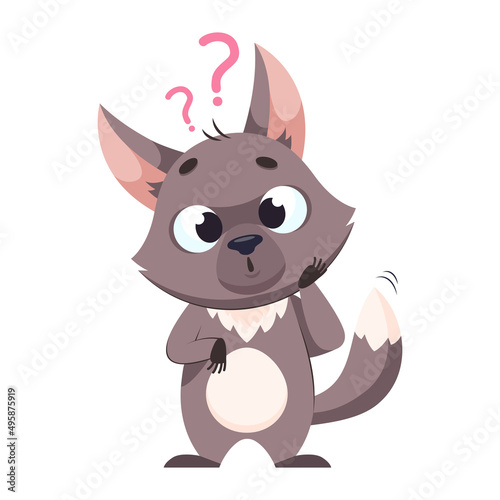 Pensive wolf on white background cartoon vector illustration. Cute predator standing on white background with question marks and thinking. Wildlife animal, predator concept