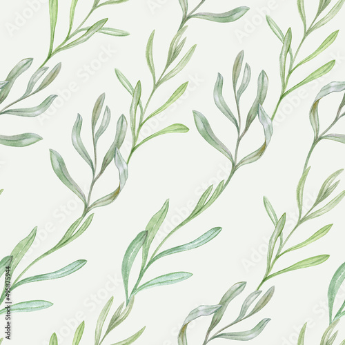 Pattern with delicate green leaves, watercolor illustration