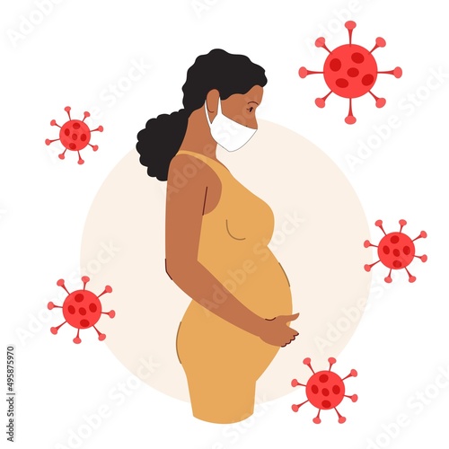 A Pregnant Woman Wearing a Mask with a Corona Background 