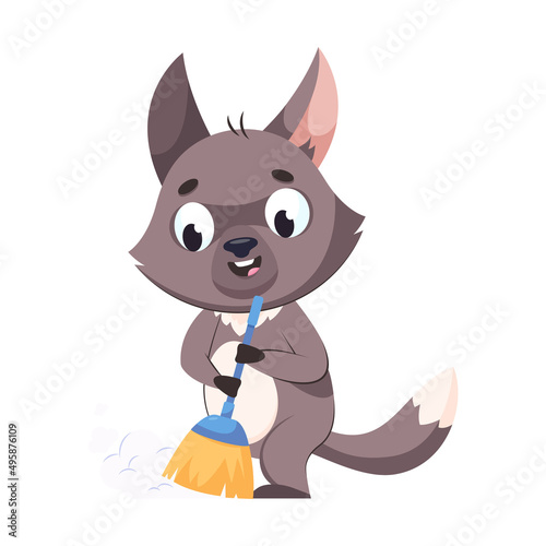 Wolf sweeping trash with broom cartoon vector illustration. Pretty gray mammal standing and cleaning floor, tidying up house. Wildlife animal, predator, housework concept