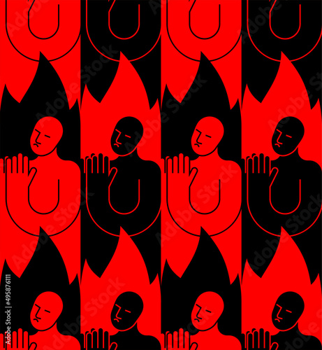 Sinner pattern seamless. Sinner in fire to repent texture. Man prays in fiery hyena ornament. Man in Hellfire background