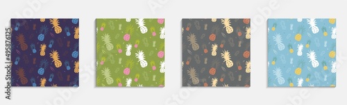 set of seamless patterns multicolored pineapple