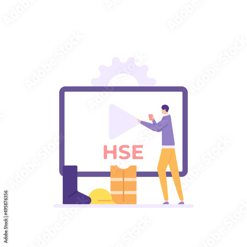 HSE or Health, Safety, and Environment. work safety and personal protection training. illustration of a trainer explaining Occupational Health and Safety. flat cartoon style. concept vector design