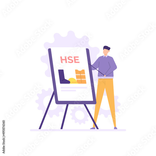 HSE or Health, Safety, and Environment. work safety and personal protection training. illustration of a trainer explaining Occupational Health and Safety. flat cartoon style. concept vector design