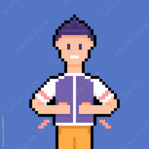 a man holds his stomach because he feels stomach pain after eating. effects of satiety, eating too much, flatulence. expression of a person in pain. pixel art or 8 bit. vector design elements
