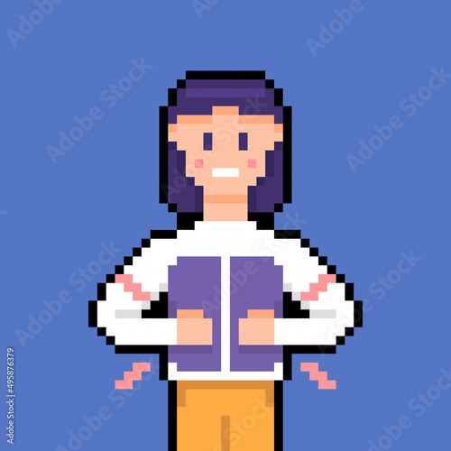 a woman holds his stomach because she feels stomach pain after eating. effects of satiety, eating too much, flatulence. expression of a person in pain. pixel art or 8 bit. vector design elements