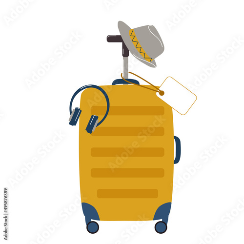 A fashionable travel suitcase with a man's hat and headphones. It's time to go on vacation. Vector illustration isolated on a white background
