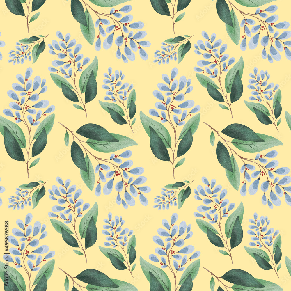 Hand Drawing Watercolor Abstract Leaves Seamless Pattern isolated on yellow background. Use for poster, card, template, print, design, textile, fabric, packaging, interior, wedding, invitation Hand Drawing Watercolor Abstract Leaves Seamless Pattern isolated on yellow background. Use for poster, card, template, print, design, textile, fabric, packaging, interior, wedding, invitation