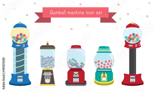 Classic Gumball Machine on white background with bubble gum or sweets in plastic plexiglass cartoon cute icon set. toy and food funny concept. Square and round shape. vector, illustration