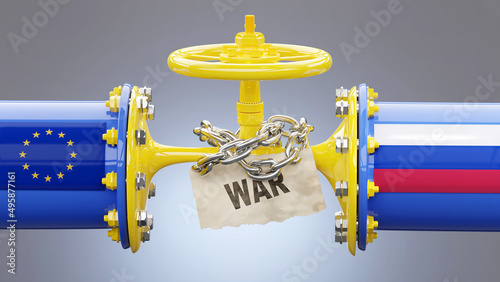 EU Europe and Russia oil and gas sanctions, stand-off and war. Squeezed gas pipe symbolizes the LNG embargo, crisis and upcoming price rises., 3d illustration
