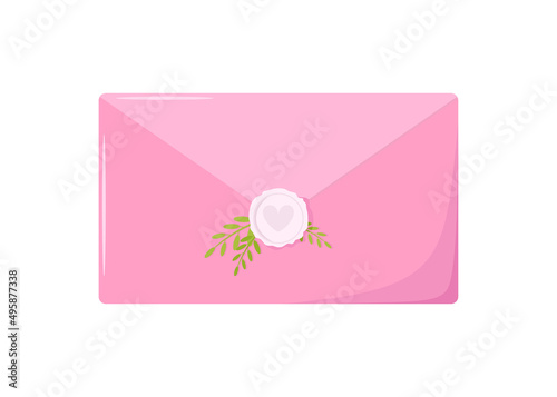 Pink mail envelope with a stamp and leaves. Vector illustration of the wax seal. Design element. Wedding icons. Valentine s day