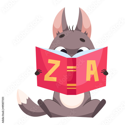 Focused wolf reading book cartoon vector illustration. Pretty mammal sitting, holding textbook, learning alphabet and studying. Wildlife animal, predator, education concept