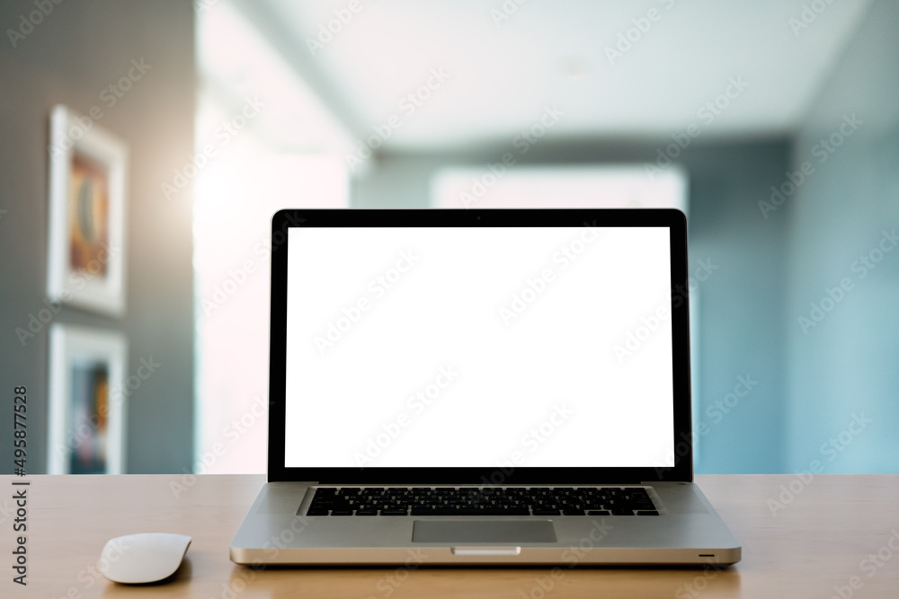 Laptop or notebook with blank screen on service counter in blurry background with parcel delivery office express