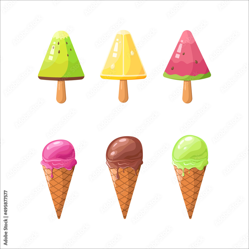 Tasty colorful ice cream set. Collection ice-cream cones and Popsicle with different topping isolated on white background. Vector illustration for web design Tasty colorful ice cream set. Collection ice-cream cones and Popsicle with different topping isolated on white background. Vector illustration for web design