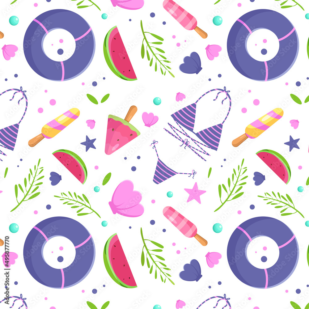 Naklejka premium Seamless summer pattern. Fruit ice cream, swimsuit, watermelon, leaves, seafish shell float Vector pattern