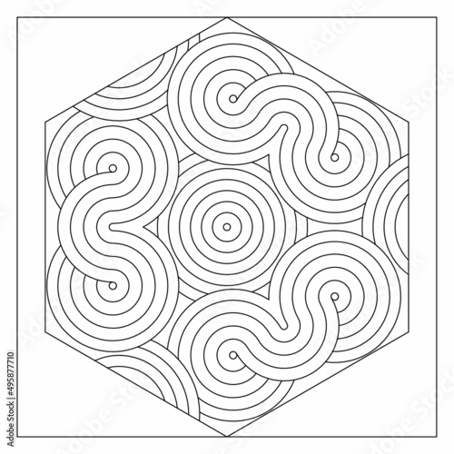 Abstract drawing of snaking lines in a hexagon box. Easy coloring page suitable for digital detox. EPS8 #480