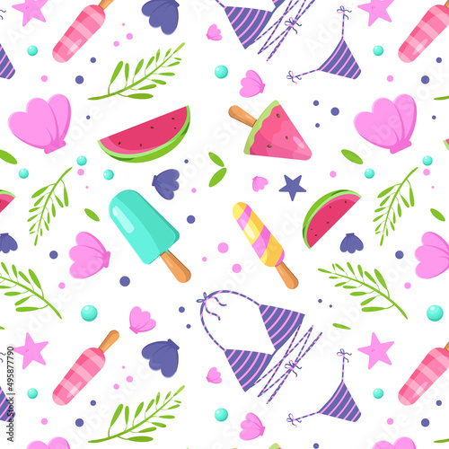 Seamless summer pattern. Fruit ice cream, swimsuit, watermelon, leaves, seafish shell float Vector pattern
