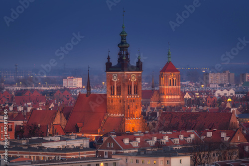 Cityscape of Gdansk with historic architecture at night, Poland.