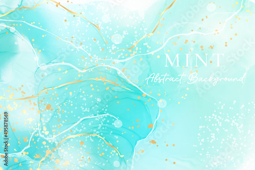 Cyan mint liquid marble watercolor background with golden lines and brush stains. Teal turquoise marbled alcohol ink drawing effect. Royal elegance watercolour vector for wedding invitation