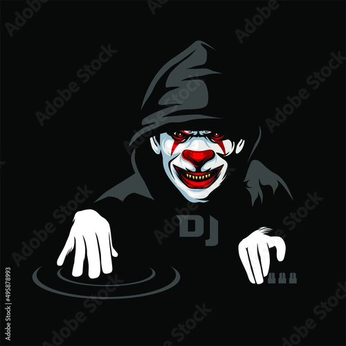 DJ logo with clown face and hoodie man, Design element for logo, poster, card, banner, emblem, t shirt. Vector illustration
